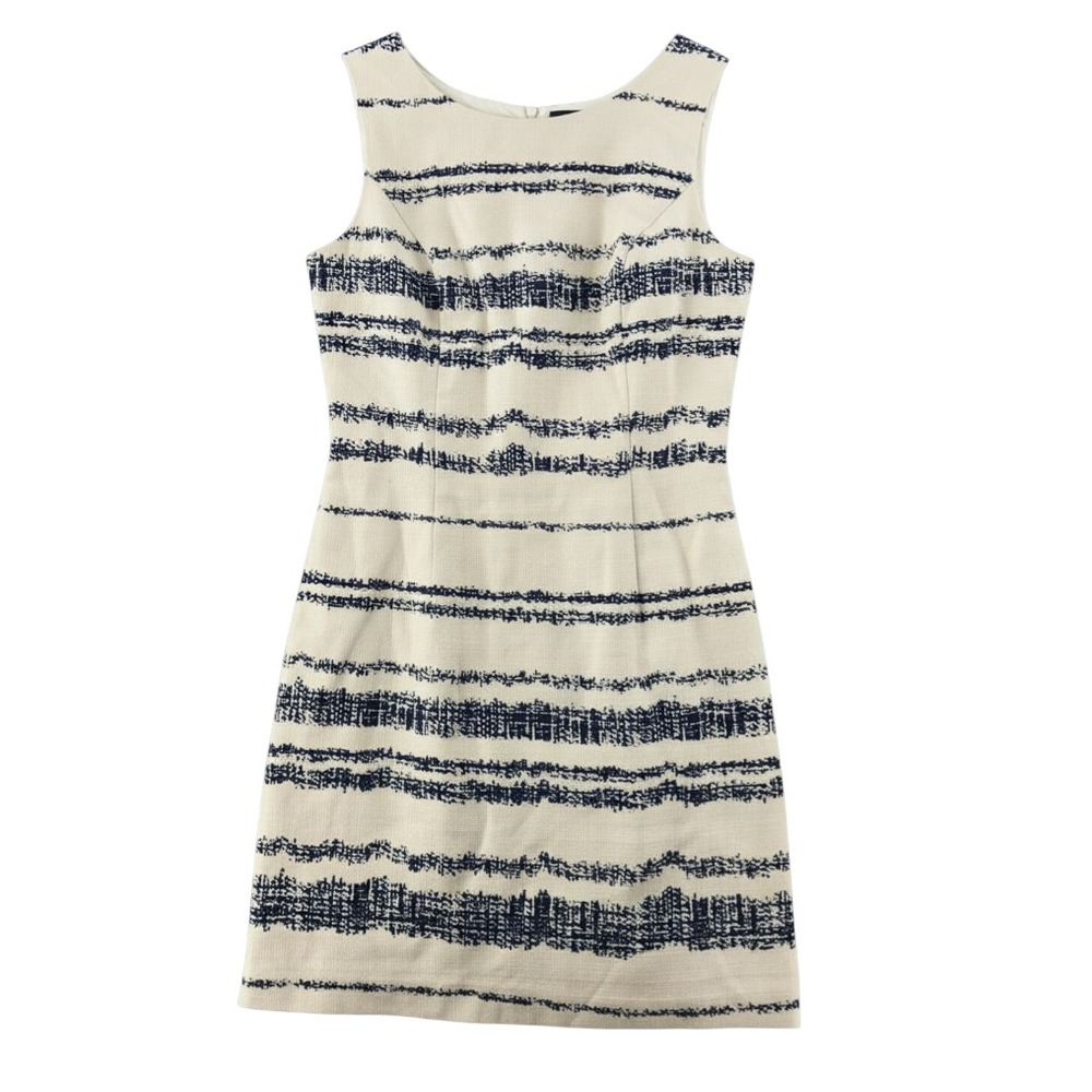BANANA REPUBLIC Ivory/Navy Blue WOVEN COTTON SHEATH DRESS Stripes Lined SZ 14